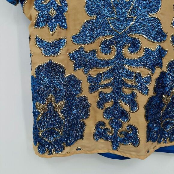 Tracy Reese for Target Small Tan & Blue Sequin Patterned Short Sleeve Blouse Top - Picture 5 of 7